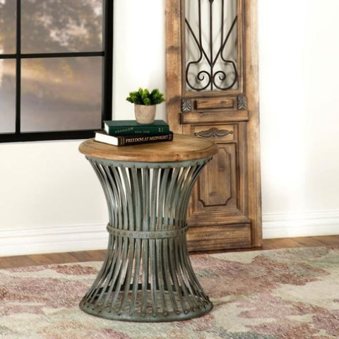 ZUN Natural and Blue Distressed Round Accent Table B062P153897