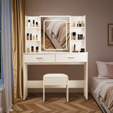 Vanity Desk with Mirror and Lights, Makeup Vanity with 2 Drawers and 6 Storage Shelves, 3 Lighting W3204P300597