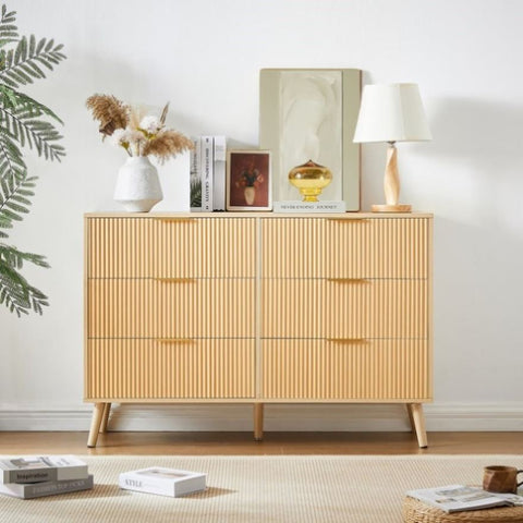 ZUN Bedroom Dresser, 6 Double Dressers with Wavy Drawers, Wooden Chest of Drawers for Children's Room, W1162P190403