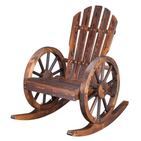 ZUN 60*89*94cm Garden Outdoor Fir with Wooden Wheel Wooden Rocking Chair Carbonized Color 86823396