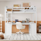 ZUN Full Wooden Loft Bed with U-shaped Desk,Storage Compartments and Tri-fold Mirror, White 71431452