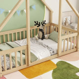 Twin Wood House-Shaped Floor Bed with Fence, Guardrails ,Natural W504P143291