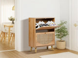 Two-Tier Shoe Cabinet with Tilt-Out Compartments and Arched Rattan-Front Doors on High Legs 37169134