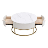 31.5 Inch Modern Round Coffee Table with Drawers, Faux MarbleTable with Storage, Coffee Table for W821P281502