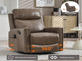 Camel Brown Genuine Leather Heat Massage Manual Recliner Chair with Rocker and Swivel for Living W1803P323716