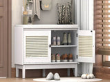 TREXM Boho Rattan Entryway Bench with Storage, Cushioned Shoe Bench with Double Doors, Wooden Shoe N715P308012K