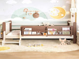 Twin Size Floor Bed with Storage Bookcases, Solid Wood Kids Floor Bed with Cute Stairs and W1580P390214
