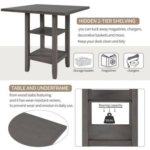 ZUN Square Wooden Counter Height Dining Table with 2-Tier Storage Shelving, Gray 87469340