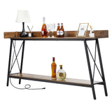 70.9 inch Extra Long Console Table with 2 Power Outlets & USB Ports, Rustic Industrial Sofa Table 55958898