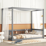 Twin Size Canopy Frame Floor Bed with Fence, Guardrails,Grey W504P143277