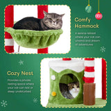 32in Cat Scratching Posts Tower with Cat Condo and Hammock, Christmas Themed Plush Cat Tree with Cat 13527458