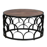 ZUN 32 Inch Round Coffee Table, Mango Wood Top, Lattice Cut Out Metal Frame, Brown, Black B05691253