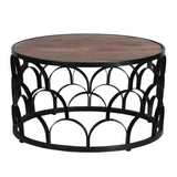 ZUN 32 Inch Round Coffee Table, Mango Wood Top, Lattice Cut Out Metal Frame, Brown, Black B05691253