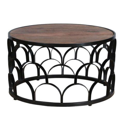 ZUN 32 Inch Round Coffee Table, Mango Wood Top, Lattice Cut Out Metal Frame, Brown, Black B05691253