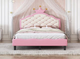 Twin Size Lovely Crown Fantasy PU Leather Princess Bed with Tufted Headboard, PinkCream N733P198760H