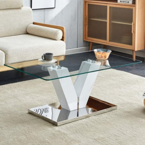 ZUN Modern minimalist coffee table. Transparent tempered glass tabletop with silver MDF pillars. W1151P152770
