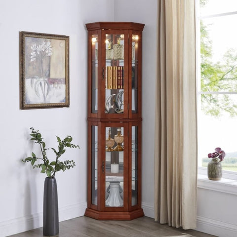 ZUN Corner Curio Cabinet with Lights, Adjustable Tempered Glass Shelves, Mirrored Back, Display W1693111239