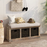 Rustic Storage Bench with 3 Removable Classic Rattan Basket , Entryway Bench with Removable Cushion 13131437