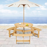 Outdoor 6 Person Picnic Table, 6 person Round Picnic Table with 3 Built-in Benches, Umbrella Hole, W2275P149762