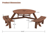 6-Person Outdoor Circular Wooden Picnic Table with 3 Built-in Benches for Patio Backyard Garden, 12154175