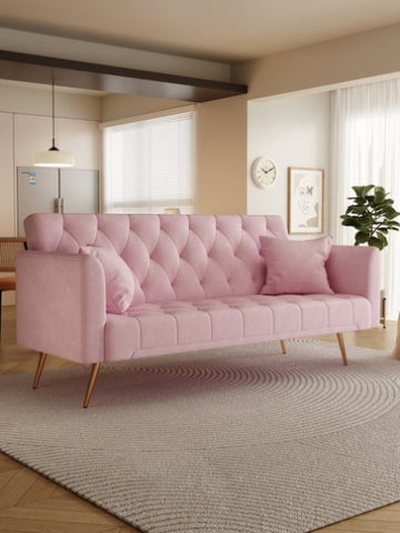 ZUN 71 inch convertible love seat sofa, American retro pink velvet, suitable for small living room, W165880948