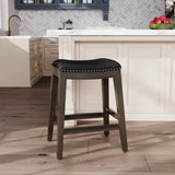 24" Counter Height Saddle Stool, Weathered Gray Finish, Black Leather Seat B046109806