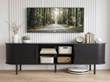 Black Embossed Particle Board TV Stand, Oval Tabletop 1473558cm, Entertainment Center with Slatted 39060699