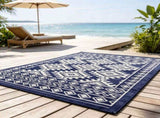 8' x 10' Waterproof Reversible Outdoor Rug Blue White Rhombus Border Plastic Straw Rug with Carry 38338232