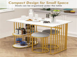 White & Gold Dining Table Set with Faux Marble Top, 2-Layer Open Shelves & Upholstered Stools 69773470