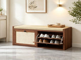 Brown Entryway Shoe Storage Bench Padded Seat with 2 Rattan Doors for Hidden Shoe Storage 65706668