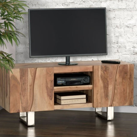 ZUN 53 in. Solid Acacia Wood TV Stand Media Console for TVs up to 60 in. with 2-Tier Shelf and 2 Storage B011P208166