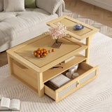 U-Can Modern Coffee Table, Coffee Table with 1 Storage Shelf, 2 Tabletops and 1 Rattan Drawer For N724P232190N