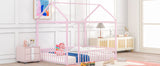 Full Size Metal Bed House Bed Frame with Fence, for Kids, Teens, Girls, Boys,Pink MF304787AAH