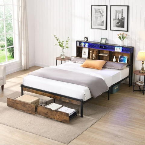 ZUN Full Size Metal Platform Bed Frame with Wooden Headboard and with Footboard USB,Charging Station,2 W2297P236951