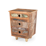 End Table Recycled Wood Nightstand, Side Table with 3 Drawers, Vintage Natural Bedside Table for N779P221145N