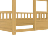 Twin Size Floor Wooden Bed with House Roof Frame, Fence Guardrails, W1858P310084