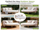 Outdoor Acacia Wood Round Daybed, Patio Lounger with Curved Slatted Backrest, Cushion and 4 N717P453341A