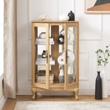 Elegant Light Oak Curio Cabinet with Tempered Glass Doors, LED Light, Mirrored Back Panel & W1758P290028