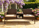 2-Seat PE Wicker Patio Loveseat Set, Outdoor Rattan Sofa with 2-Tier Tempered Glass Table, Thick 35376082