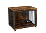 ZUN Furniture Style Dog Crate Side Table With Rotatable Feeding Bowl, Wheels, Three Doors, Flip-Up Top W1820106190