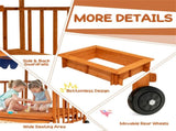 Cedar Wood Kids Sandpit with Playhouse & Canopy, Sandbox with Rear Wheels, NaturalBlue 05048118