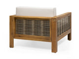 Outdoor Acacia Wood Club Chair with Wicker Accents, Teak Finish Mixed Brown Beige, 30.25"D x 68942.00BGE