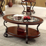 ZUN Traditional Style Brown Cherry 1pc COFFEE TABLE Open Bottom Shelf Ornate Design Glass Top Living B011P203063