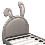 Twin Size Upholstered Leather Platform Bed with Rabbit Ornament, Gray WF299137AAE