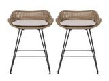 29.25" Outdoor Wicker and Iron Low Back Barstools, Brown, with Beige Cushion N772P528606L