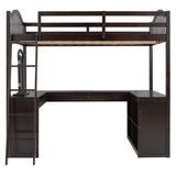 Full Wooden Loft Bed with U-shaped Desk,Storage Compartments and Tri-fold Mirror, Espresso 27628396