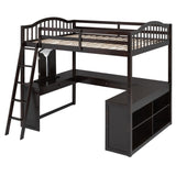 Full Wooden Loft Bed with U-shaped Desk,Storage Compartments and Tri-fold Mirror, Espresso 27628396