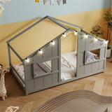 Twin-Size Kids House Gray Floor Bed- 82"x42"x51" Size, LED Light Strip for Cozy 32100376