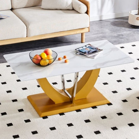 ZUN Coffee table.Modern minimalist Tempered glass with sticker desktop ,golden MDF legs and stainless W1151P149682