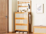 Shoe Cabinet with 3 Rattan Flip Drawers, Bamboo Storage Cabinet with Coat Hooks, Freestanding W2641P381049